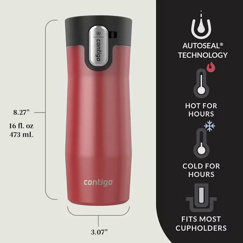 Contigo® West Loop 3.0 Stainless Steel Travel Mug with AUTOSEAL® Lid, 16oz, 2-Pack-Goji Berry Pearl & Salt Frosted Pearl