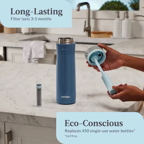 Contigo® Wells Chill Stainless Steel Filter Water Bottle with AUTOSPOUT® Straw Lid and Replacement Filter, 24 Oz.-Dark Ice & Purity